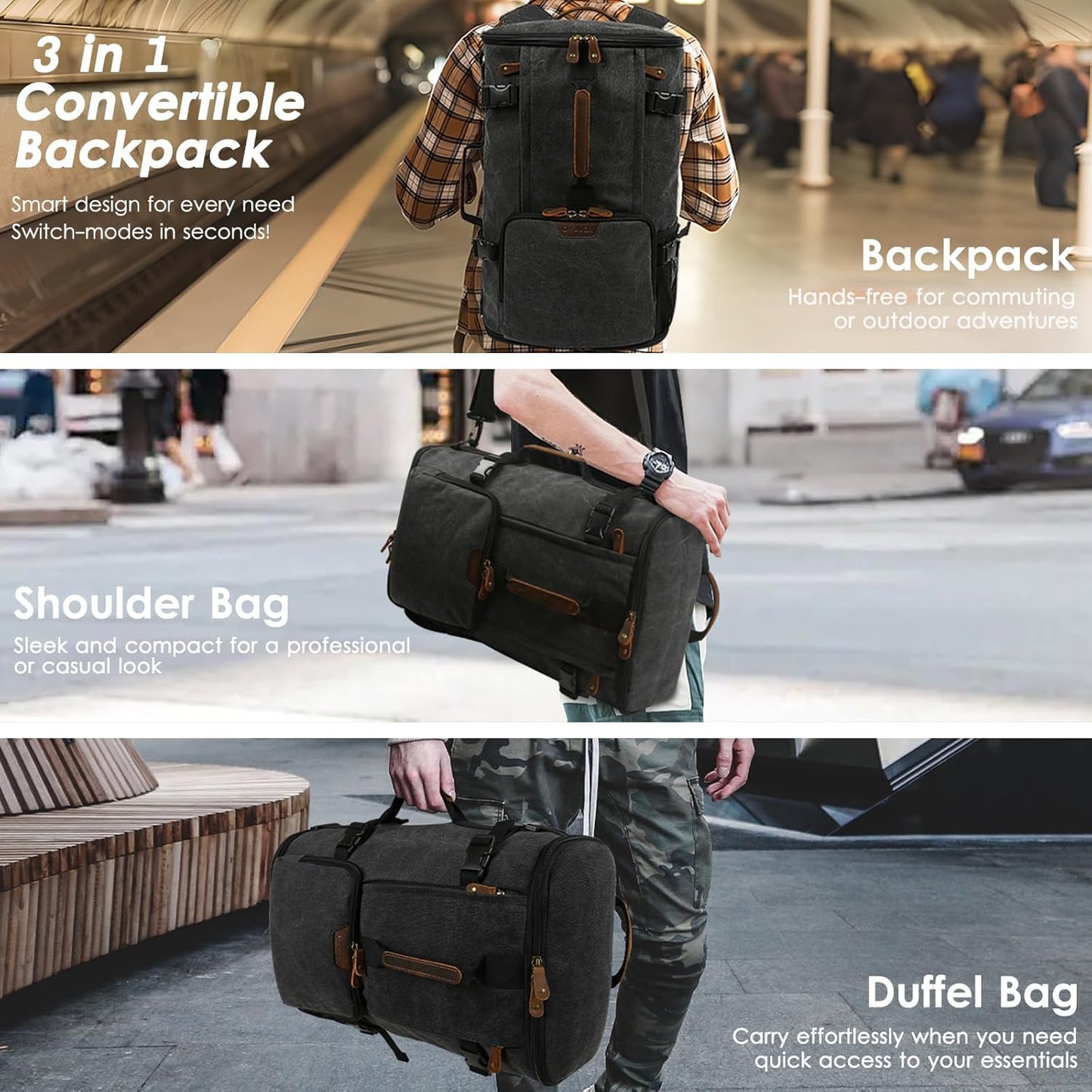 Travel Backpack for Men, 40L Flight Approved Carry on Backpack, Water Resistant Canvas Weekender with 17.3" Laptop Sleeve, Convertible Duffel Bag for Airplane, Business & Travel