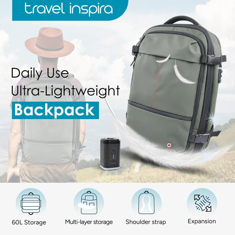 55L Expandable Vacpack Backpack, Vacuum Seal Backpack Travel, Vacuum Compression Bags for Travel, Air Back Backpack with Lock, Travel Airbag Backpack with Portable Electic Pump